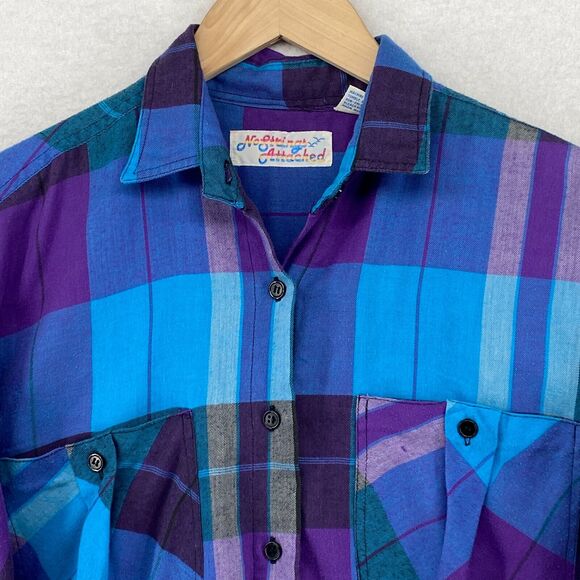 NO STRINGS ATTACHED Shirt Womens S Plaid Button Front Long Sleeve Blue Vtg 80s - Picture 4 of 12